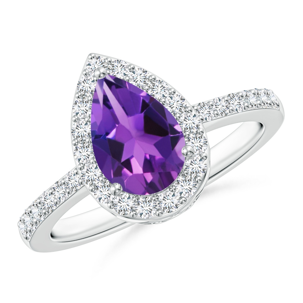 9x6mm AAAA Pear Amethyst Ring with Diamond Halo in White Gold