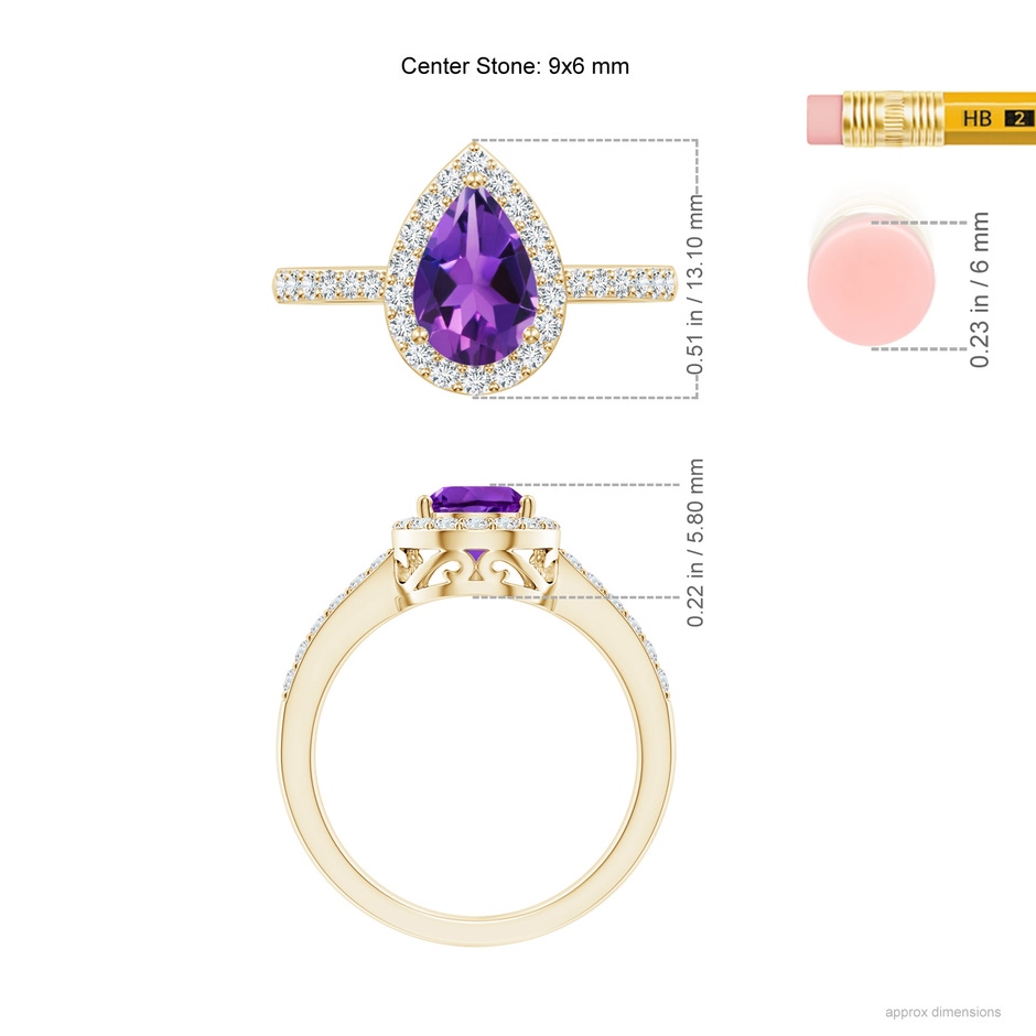 9x6mm AAAA Prong-Set Pear Amethyst Ring with Diamond Halo in Yellow Gold ruler