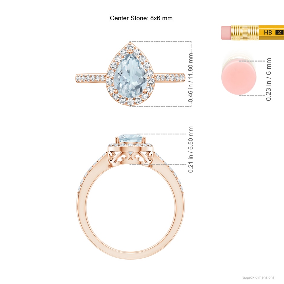 8x6mm A Prong-Set Pear Aquamarine Ring with Diamond Halo in Rose Gold ruler