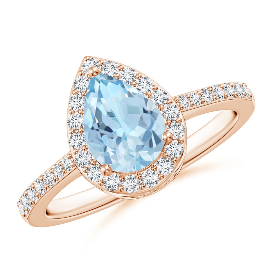 8x6mm AAA Prong-Set Pear Aquamarine Ring with Diamond Halo in 18K Rose Gold 