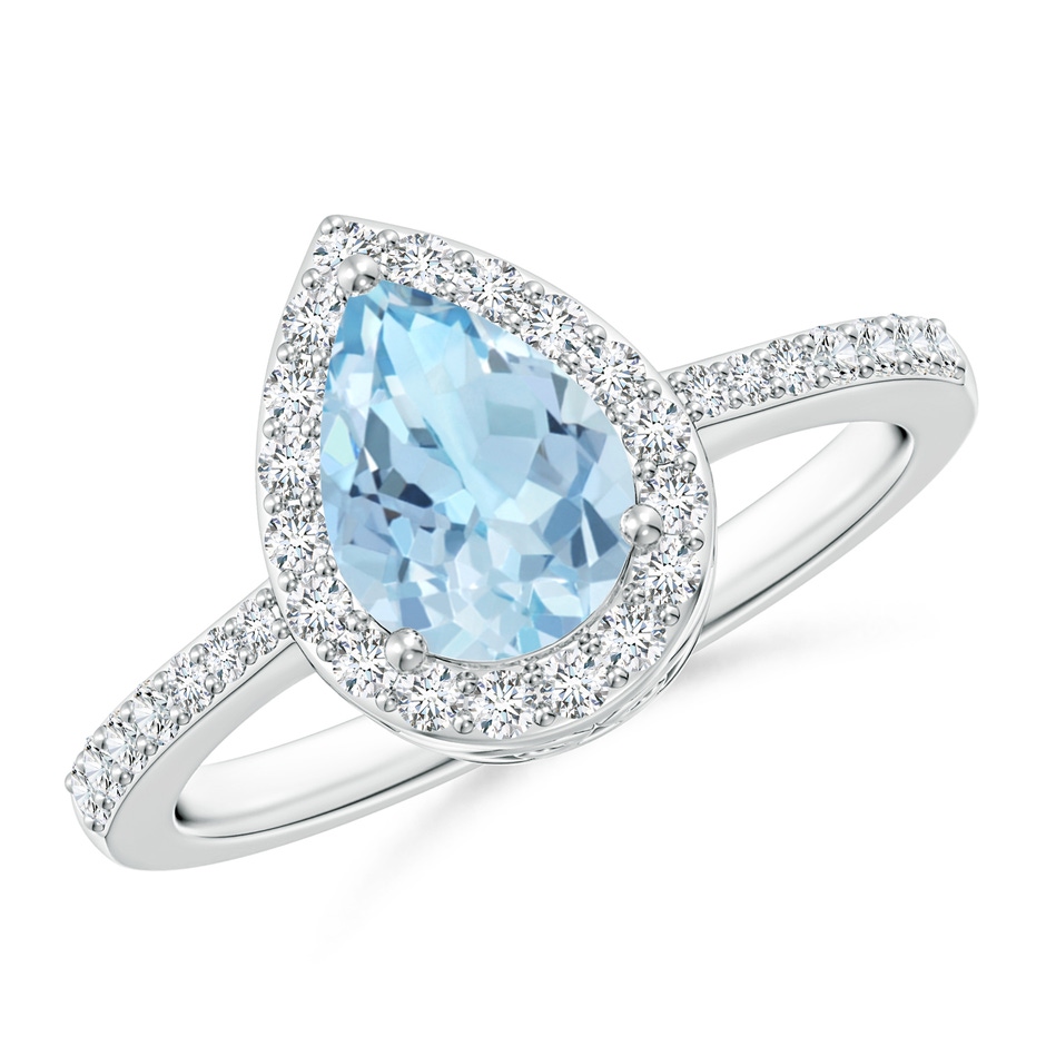 8x6mm AAA Prong-Set Pear Aquamarine Ring with Diamond Halo in White Gold 