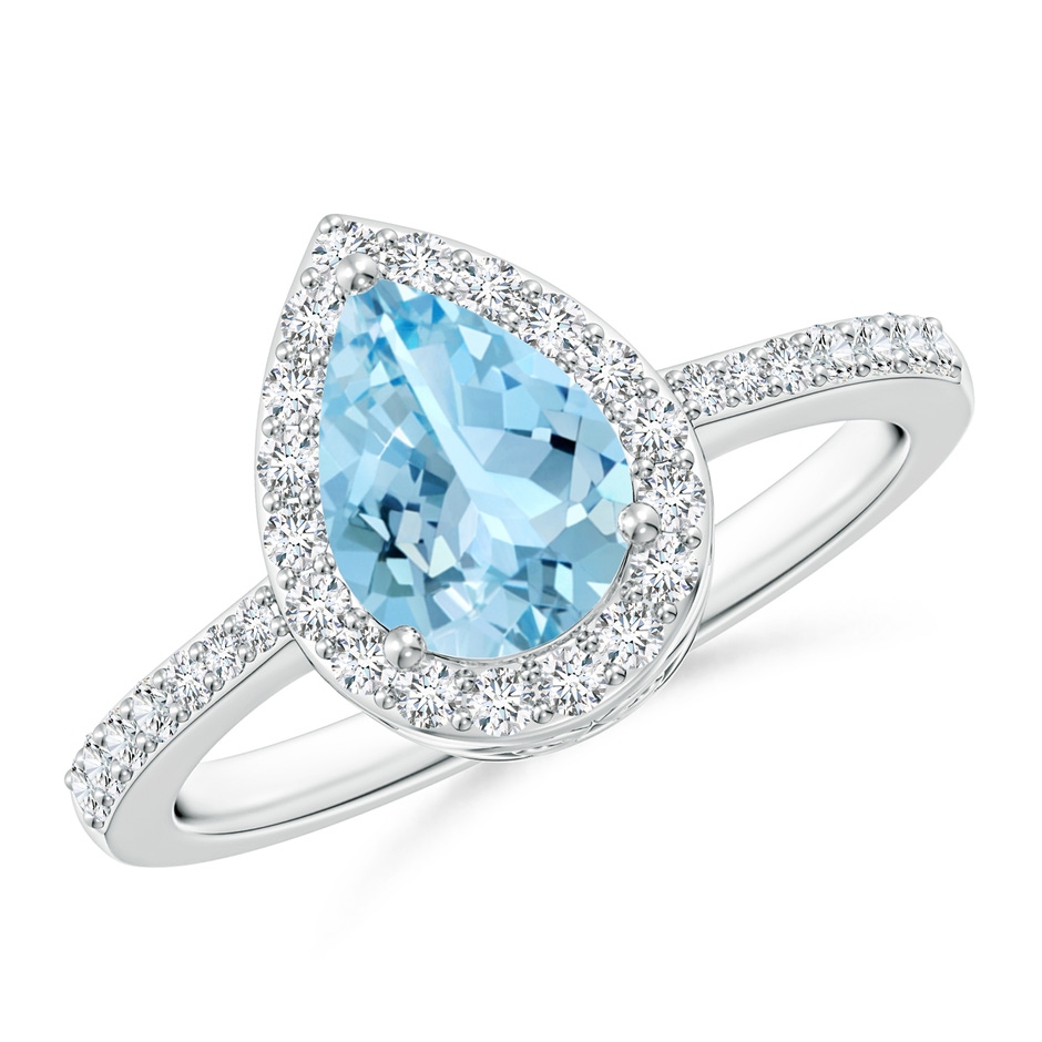 8x6mm AAAA Prong-Set Pear Aquamarine Ring with Diamond Halo in White Gold 