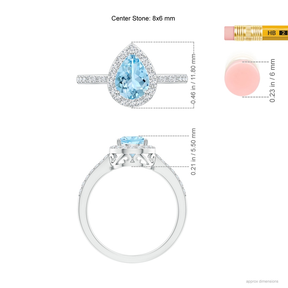 8x6mm AAAA Prong-Set Pear Aquamarine Ring with Diamond Halo in White Gold ruler