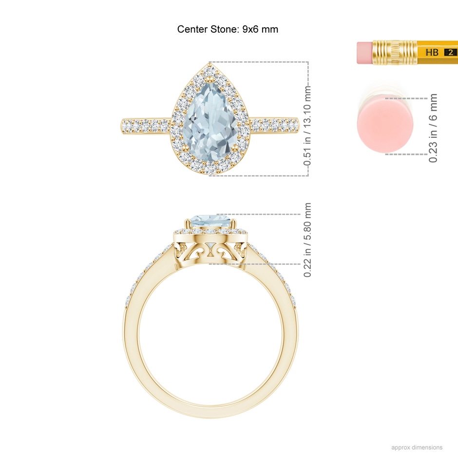 9x6mm A Prong-Set Pear Aquamarine Ring with Diamond Halo in Yellow Gold ruler