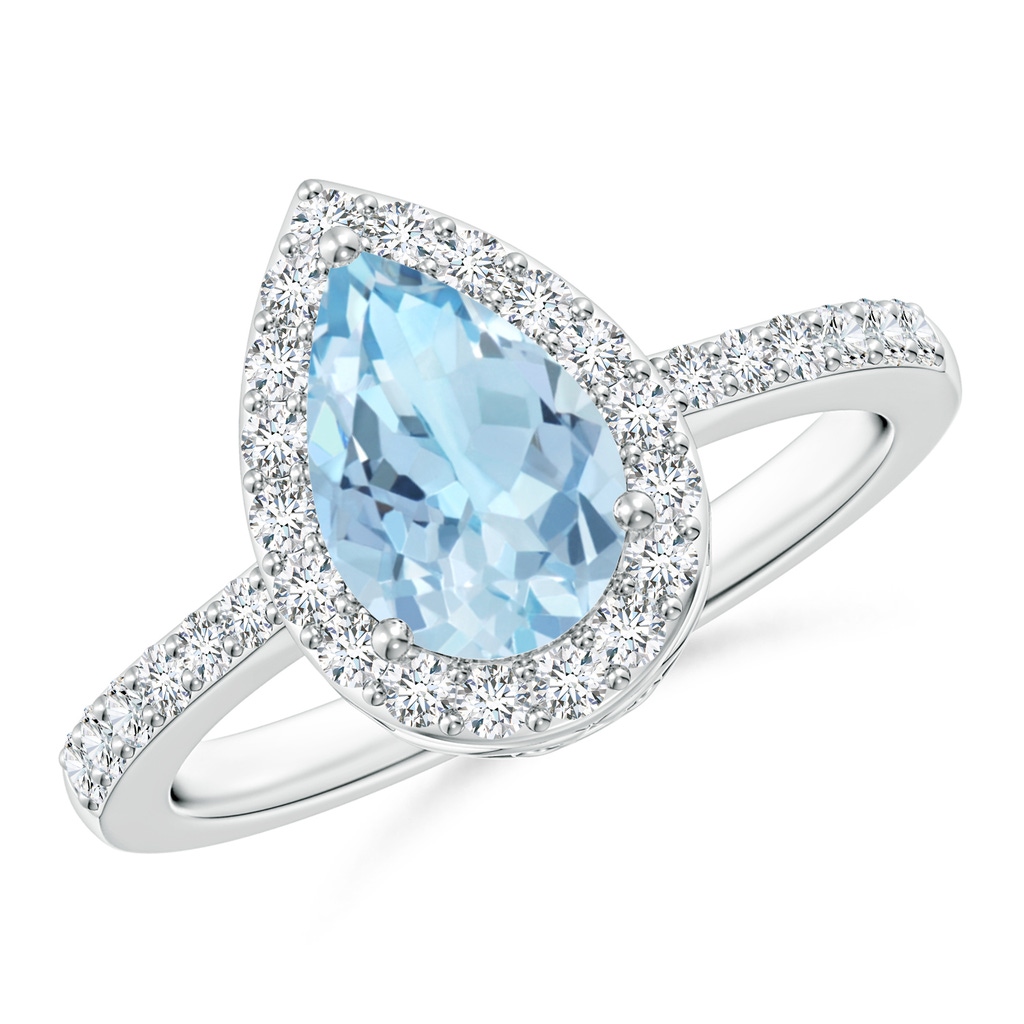9x6mm AAA Pear Aquamarine Ring with Diamond Halo in White Gold