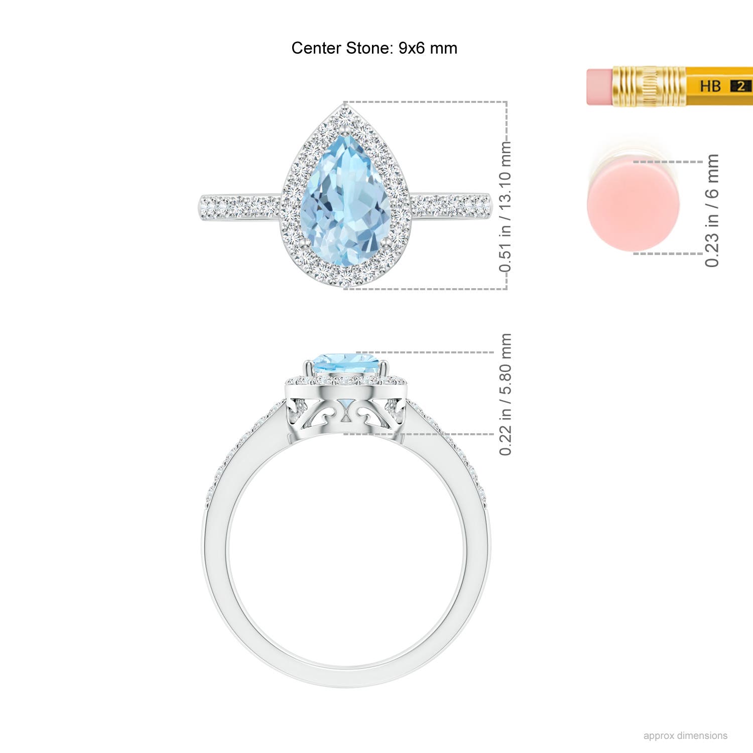 9x6mm AAA Prong-Set Pear Aquamarine Ring with Diamond Halo in White Gold - ruler