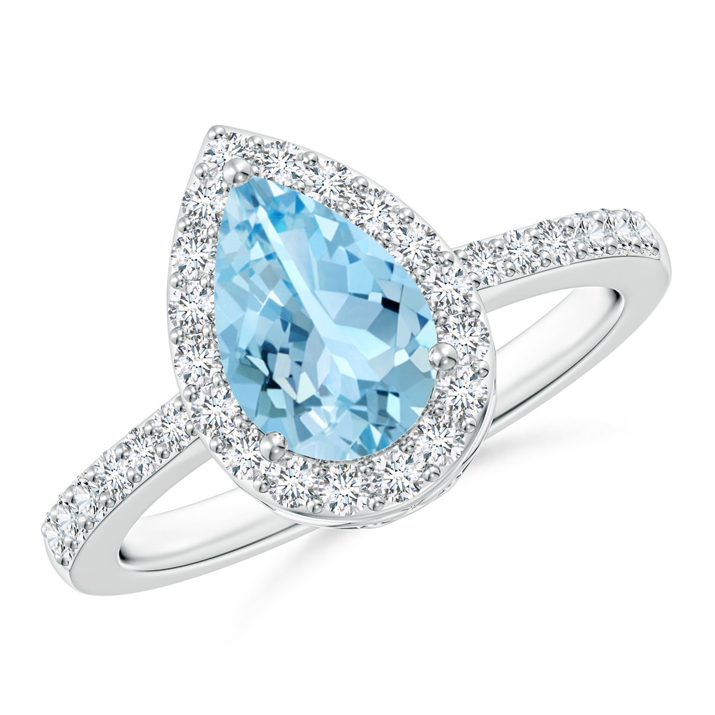 9x6mm AAAA Prong-Set Pear Aquamarine Ring with Diamond Halo in P950 Platinum