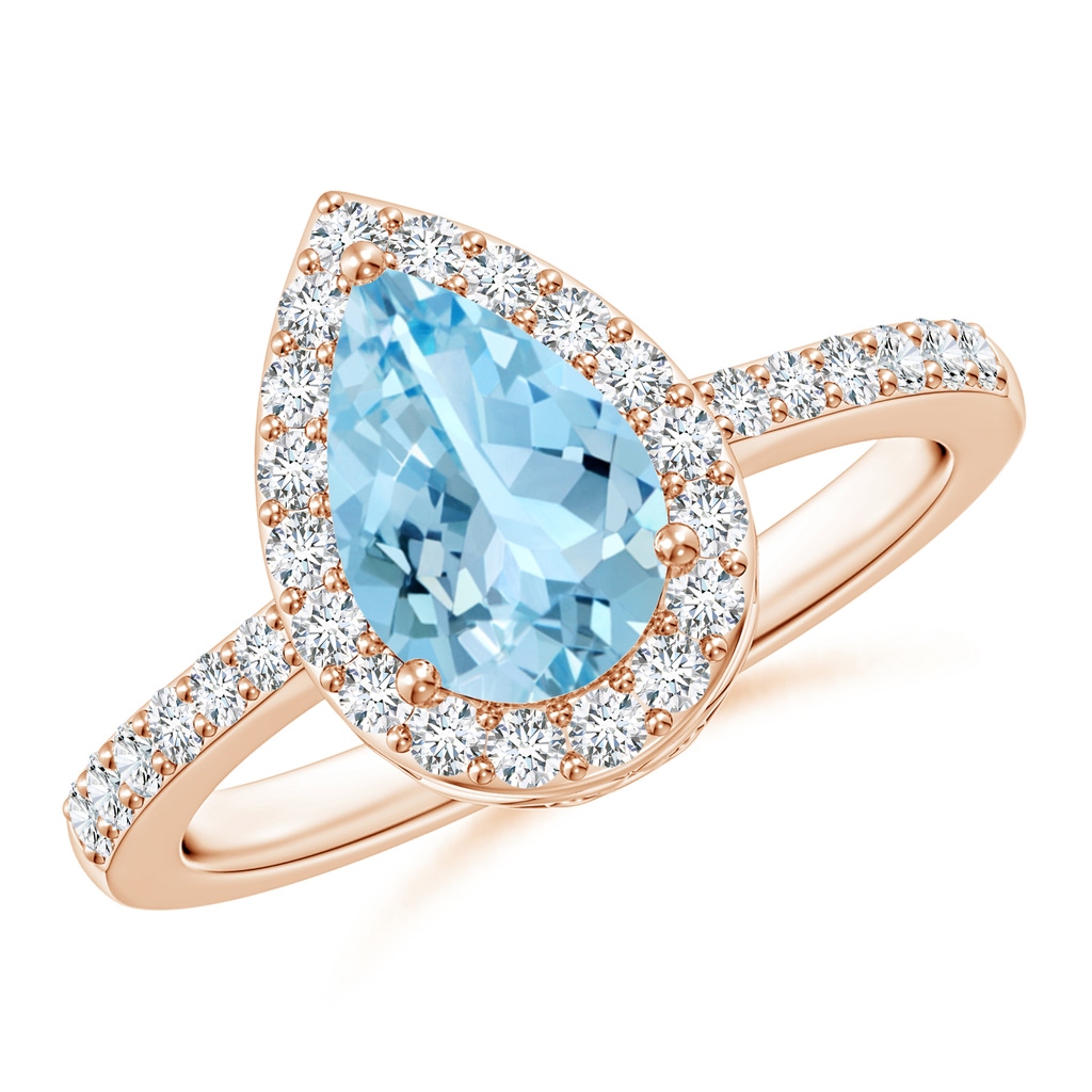 9x6mm AAAA Pear Aquamarine Ring with Diamond Halo in Rose Gold
