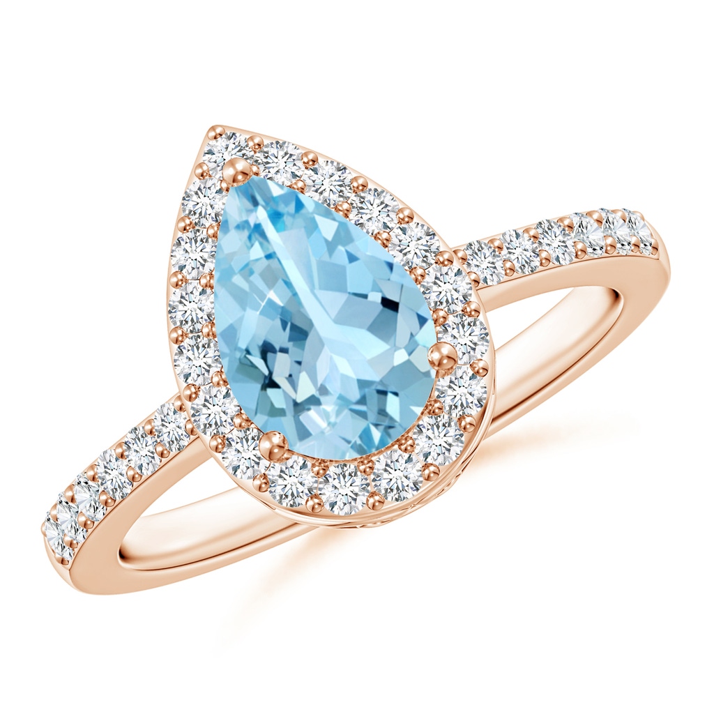 9x6mm AAAA Prong-Set Pear Aquamarine Ring with Diamond Halo in Rose Gold
