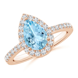 9x6mm AAAA Pear Aquamarine Ring with Diamond Halo in Rose Gold