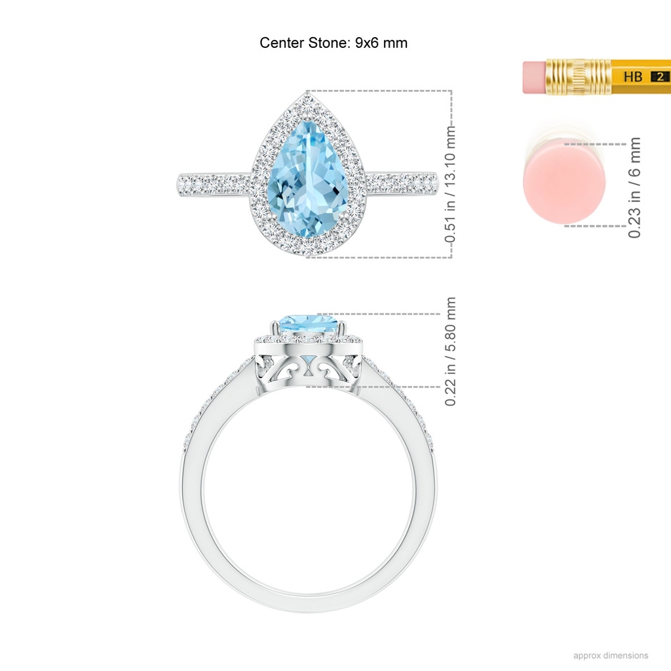 9x6mm AAAA Prong-Set Pear Aquamarine Ring with Diamond Halo in White Gold ruler