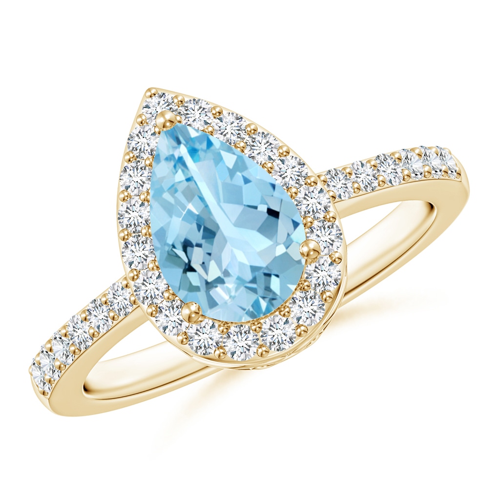 9x6mm AAAA Pear Aquamarine Ring with Diamond Halo in Yellow Gold