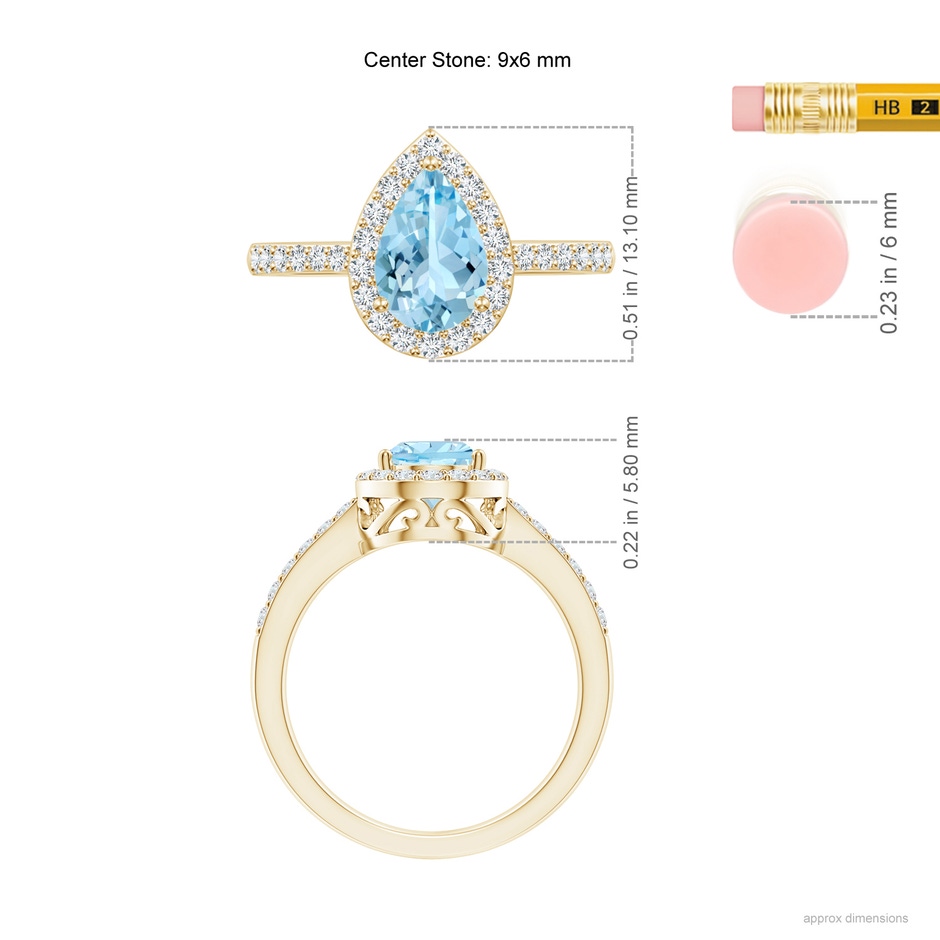 9x6mm AAAA Prong-Set Pear Aquamarine Ring with Diamond Halo in Yellow Gold ruler