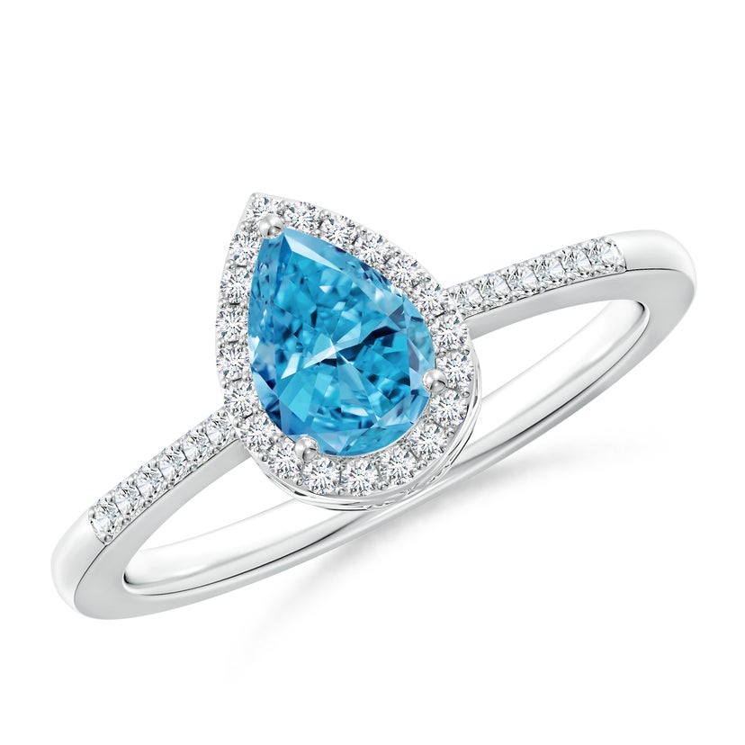 Prong-Set Pear Fancy Intense Blue Diamond Ring with Halo