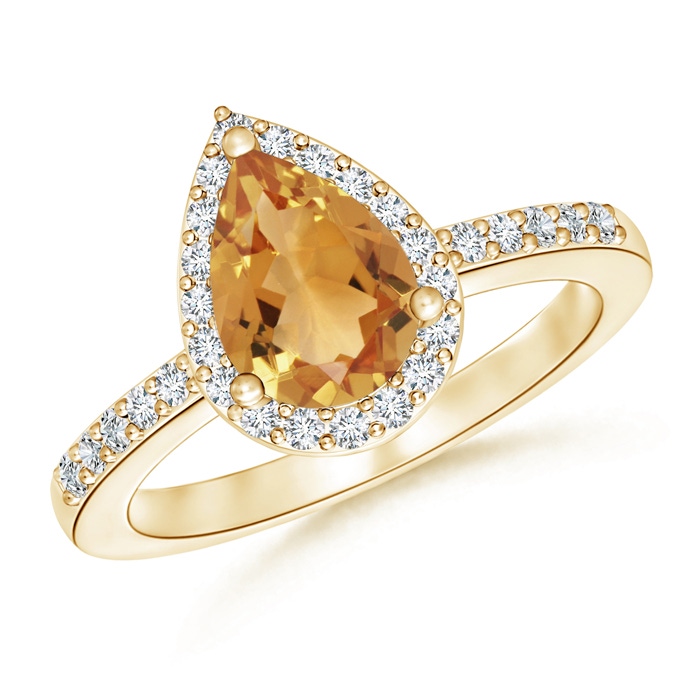 9x6mm A Pear Citrine Ring with Diamond Halo in Yellow Gold 