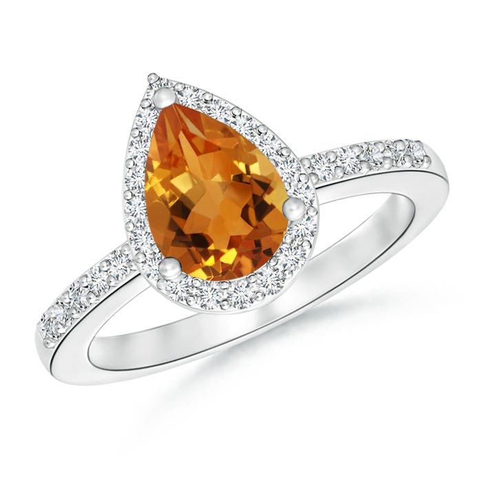 9x6mm AAA Pear Citrine Ring with Diamond Halo in P950 Platinum