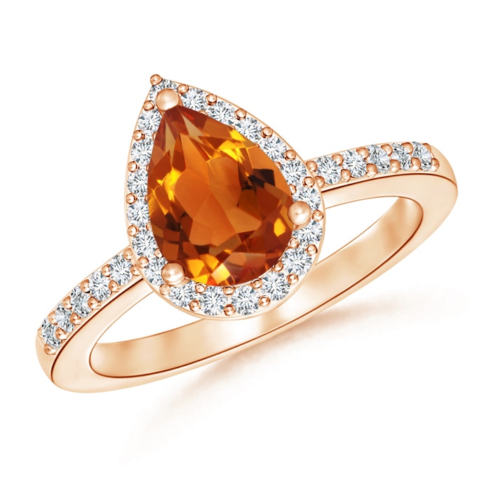 9x6mm AAAA Pear Citrine Ring with Diamond Halo in Rose Gold
