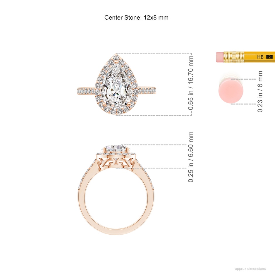 12x8mm IJI1I2 Pear Diamond Ring with Halo in Rose Gold ruler