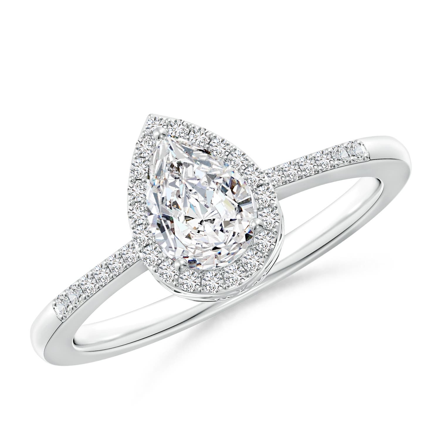 7x5mm HSI2 Pear Diamond Ring with Halo in 18K White Gold