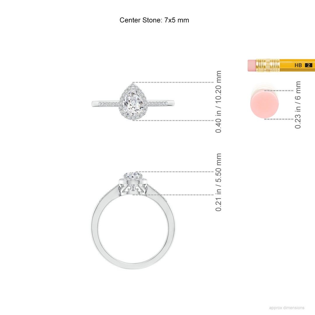 7x5mm HSI2 Pear Diamond Ring with Halo in White Gold - ruler