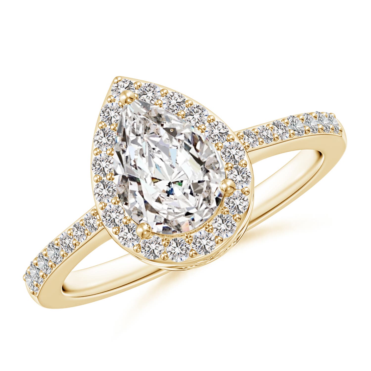 8x5mm IJI1I2 Pear Diamond Ring with Halo in Yellow Gold