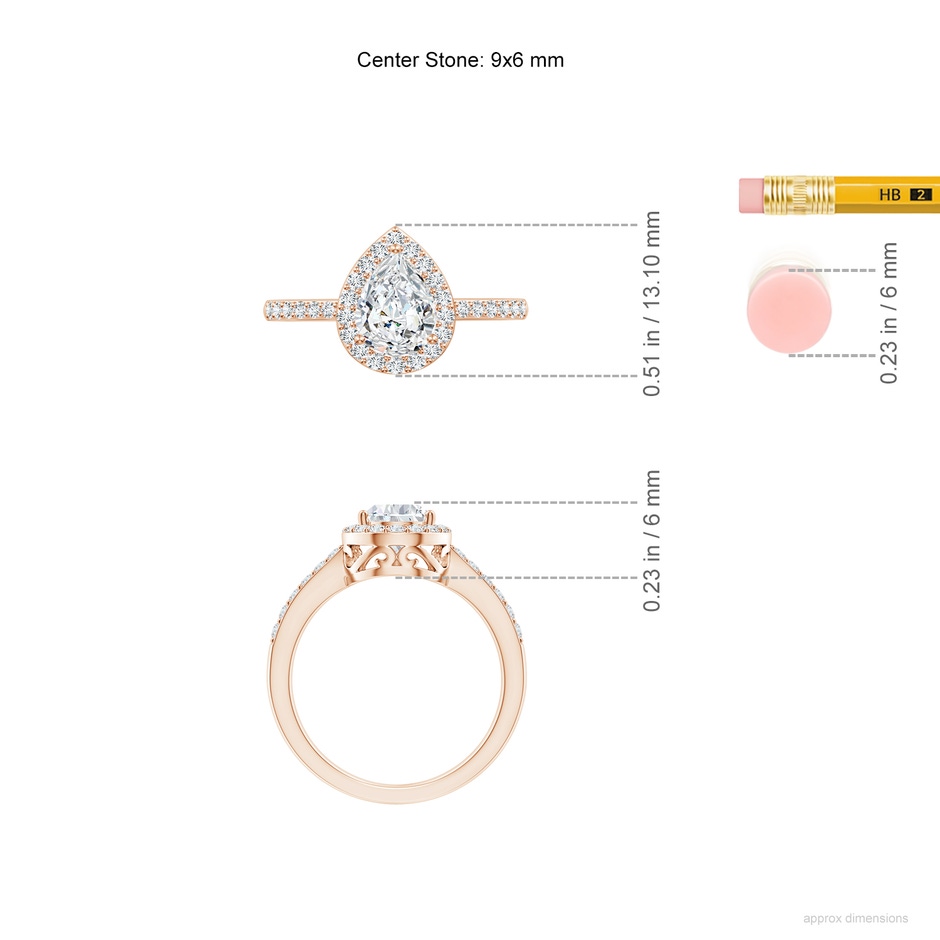 9x6mm GVS2 Pear Diamond Ring with Halo in Rose Gold ruler