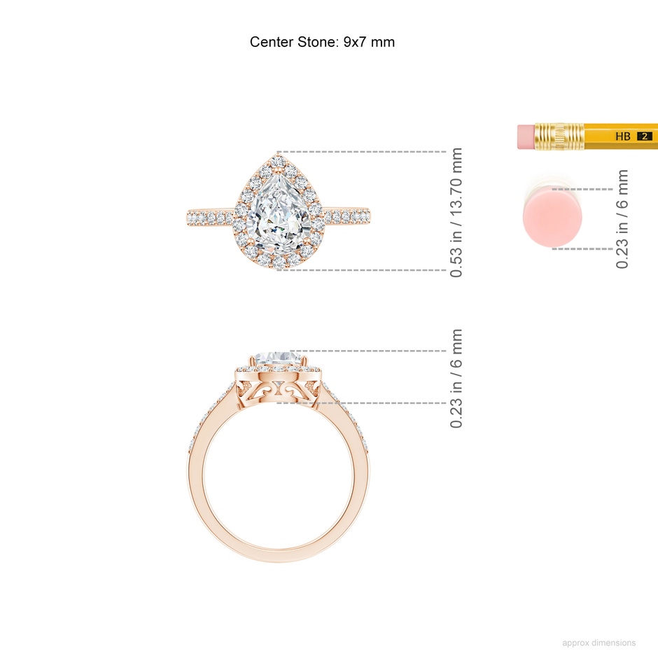 9x7mm GVS2 Pear Diamond Ring with Halo in 18K Rose Gold ruler
