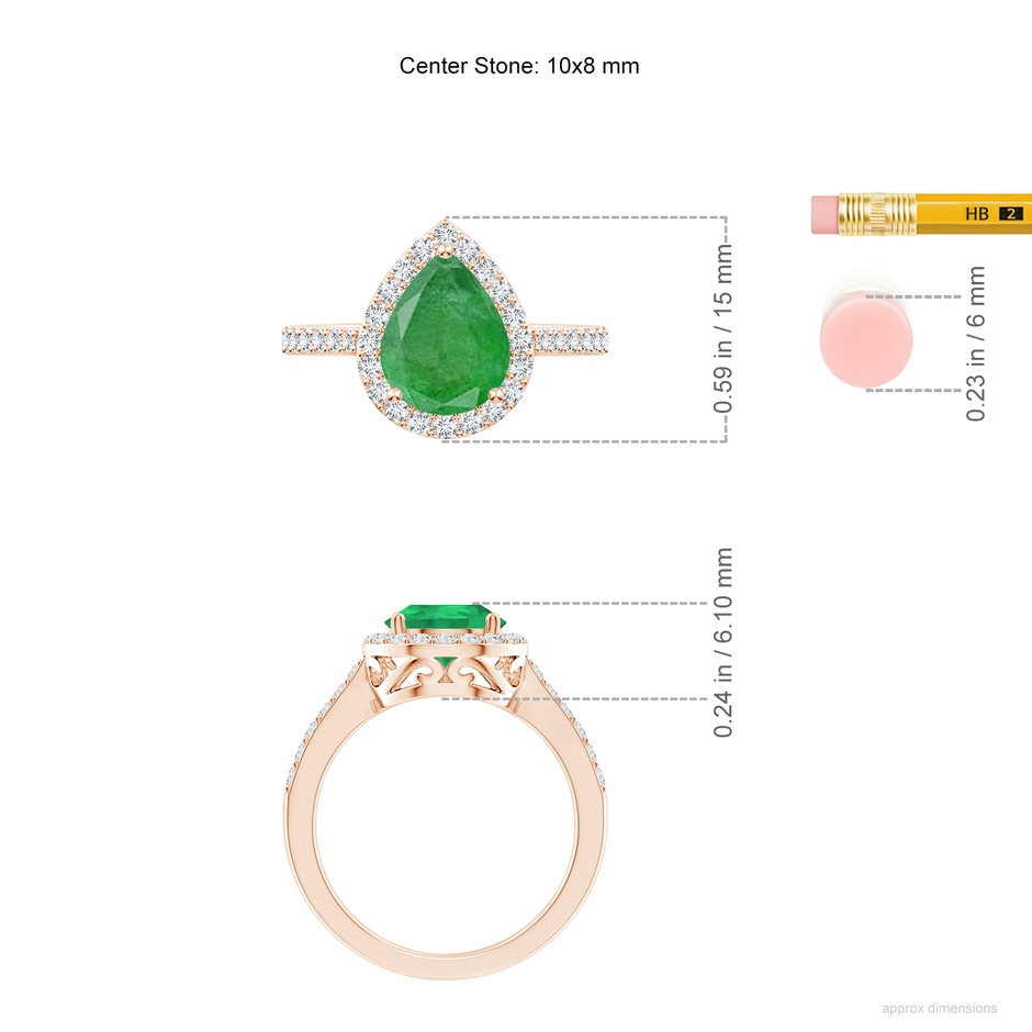 10x8mm A Pear Emerald Ring with Diamond Halo in Rose Gold ruler