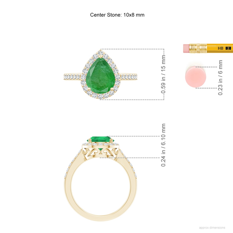 10x8mm A Pear Emerald Ring with Diamond Halo in Yellow Gold ruler