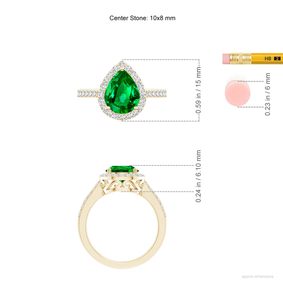 10x8mm AAAA Pear Emerald Ring with Diamond Halo in Yellow Gold ruler