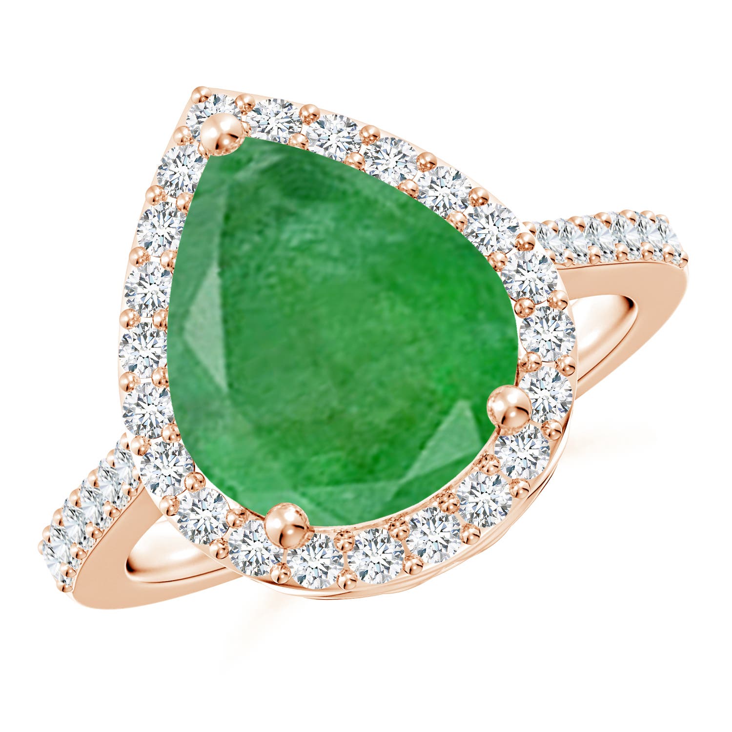 12x10mm A Pear Emerald Ring with Diamond Halo in Rose Gold