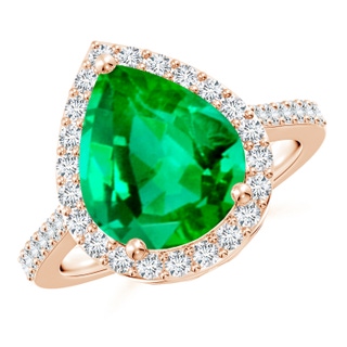 12x10mm AAA Pear Emerald Ring with Diamond Halo in 10K Rose Gold
