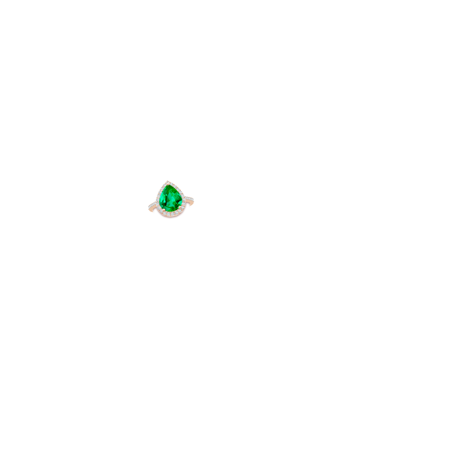 12x10mm AAA Pear Emerald Ring with Diamond Halo in Rose Gold hand