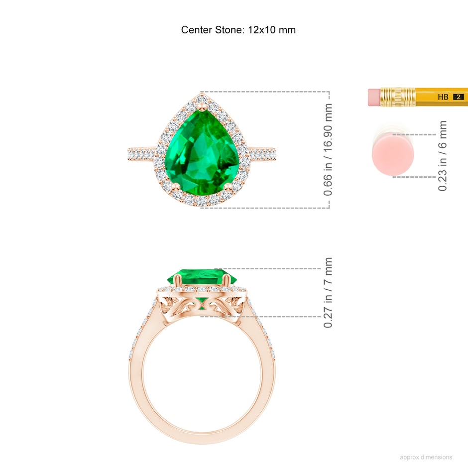 12x10mm AAA Pear Emerald Ring with Diamond Halo in Rose Gold ruler
