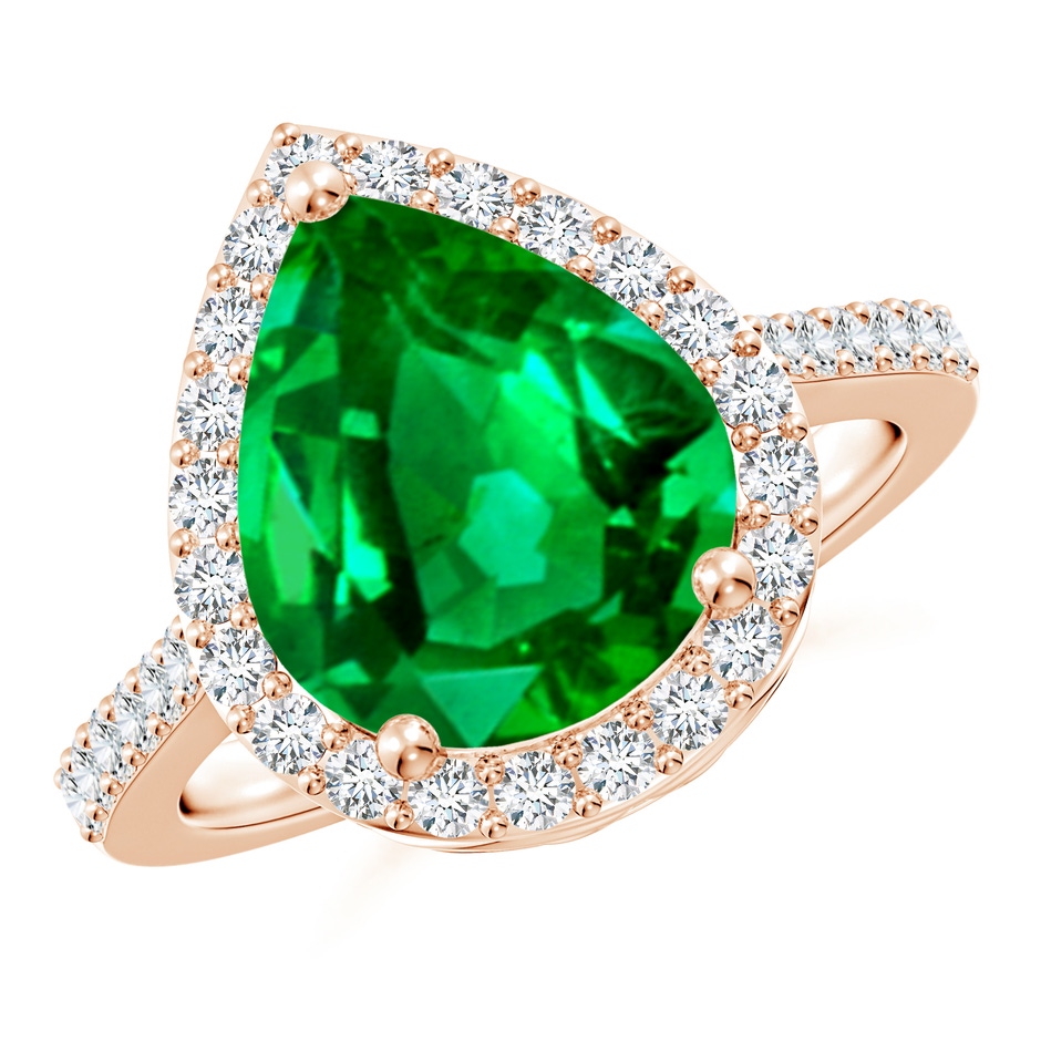 12x10mm AAAA Pear Emerald Ring with Diamond Halo in Rose Gold 