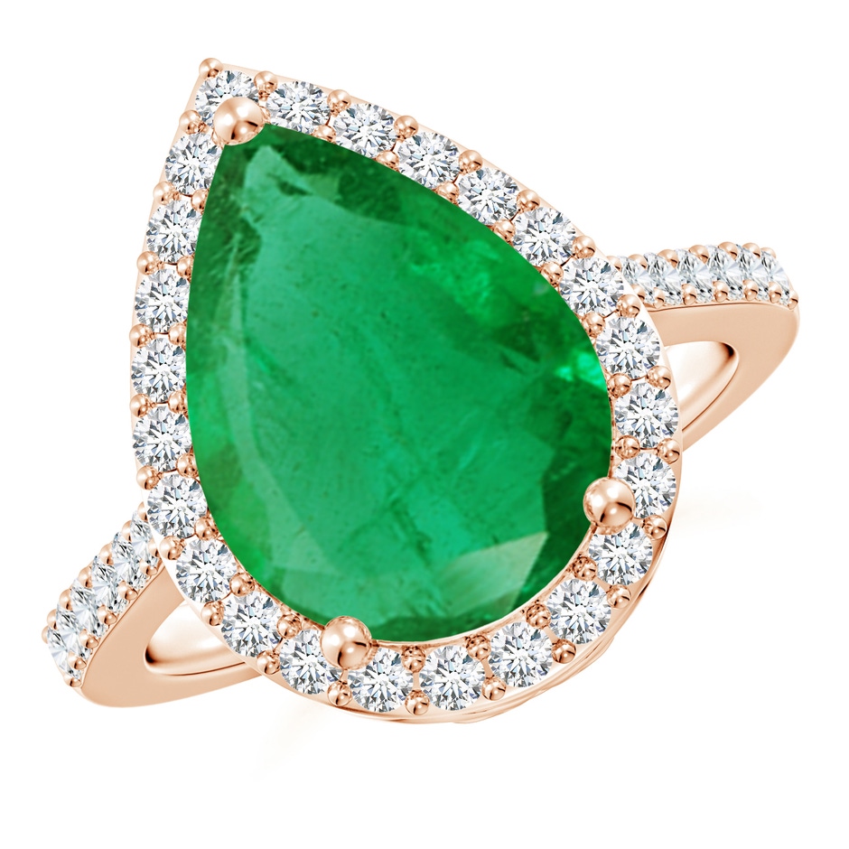 14x10mm AA Pear Emerald Ring with Diamond Halo in Rose Gold 