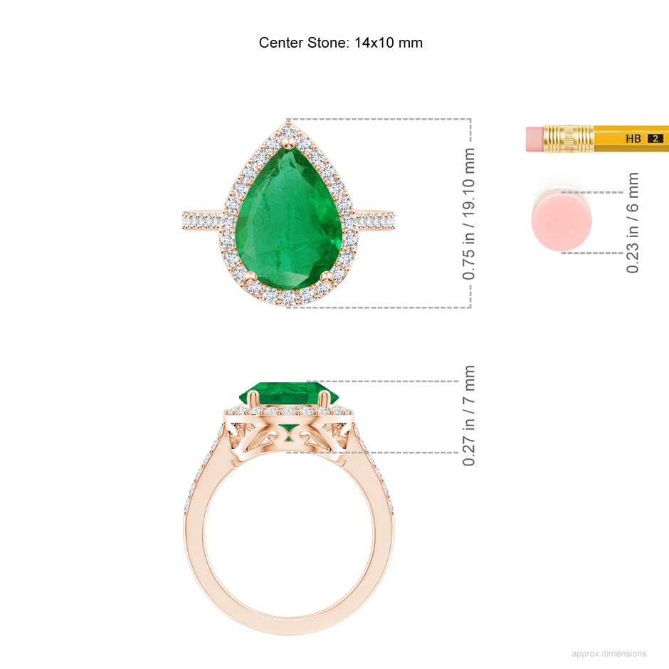 14x10mm AA Pear Emerald Ring with Diamond Halo in Rose Gold ruler