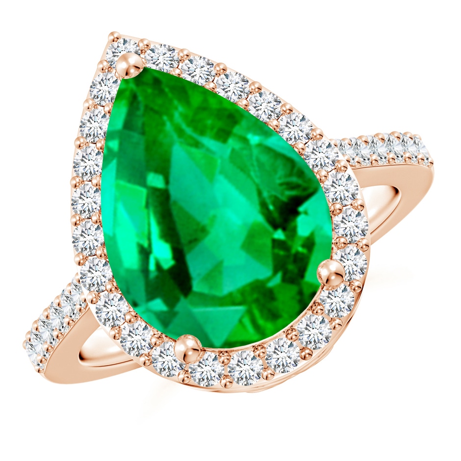 14x10mm AAA Pear Emerald Ring with Diamond Halo in Rose Gold 