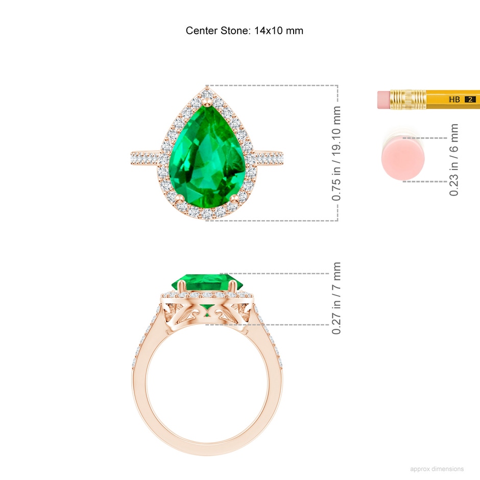 14x10mm AAA Pear Emerald Ring with Diamond Halo in Rose Gold ruler