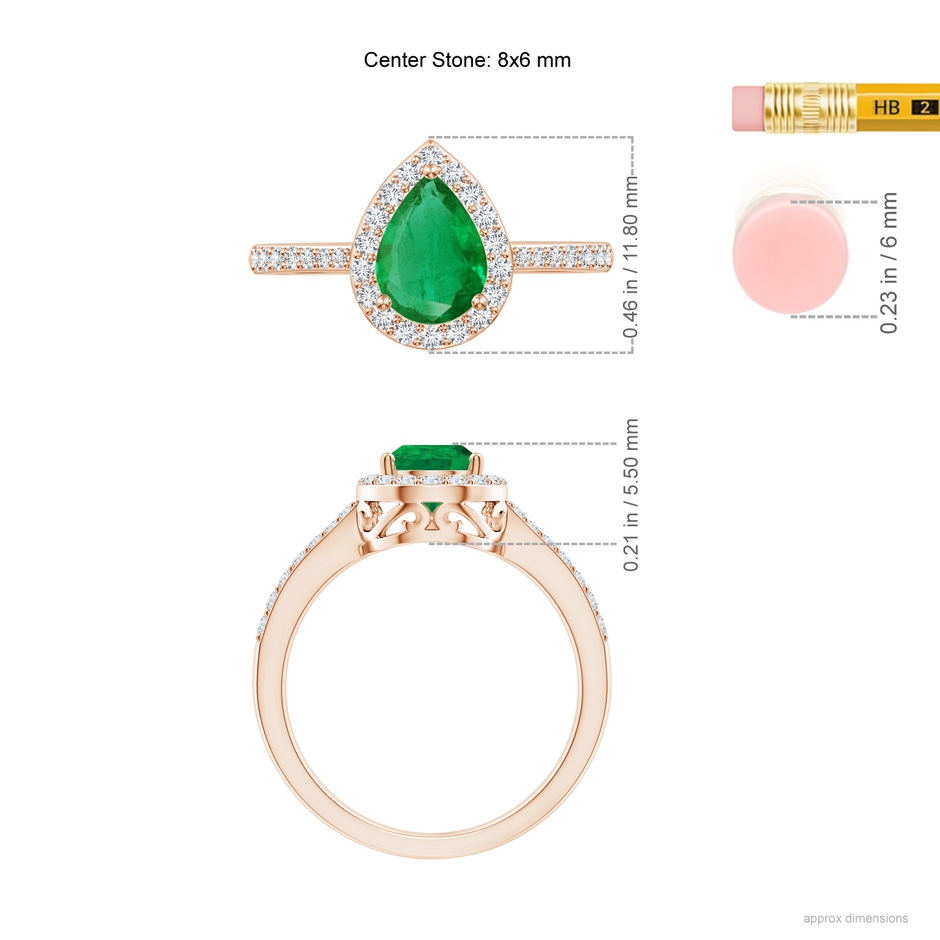 8x6mm AA Pear Emerald Ring with Diamond Halo in Rose Gold ruler