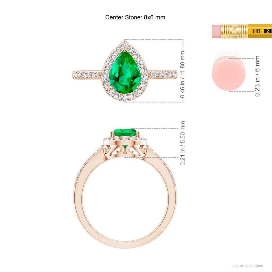 8x6mm AAA Pear Emerald Ring with Diamond Halo in Rose Gold ruler