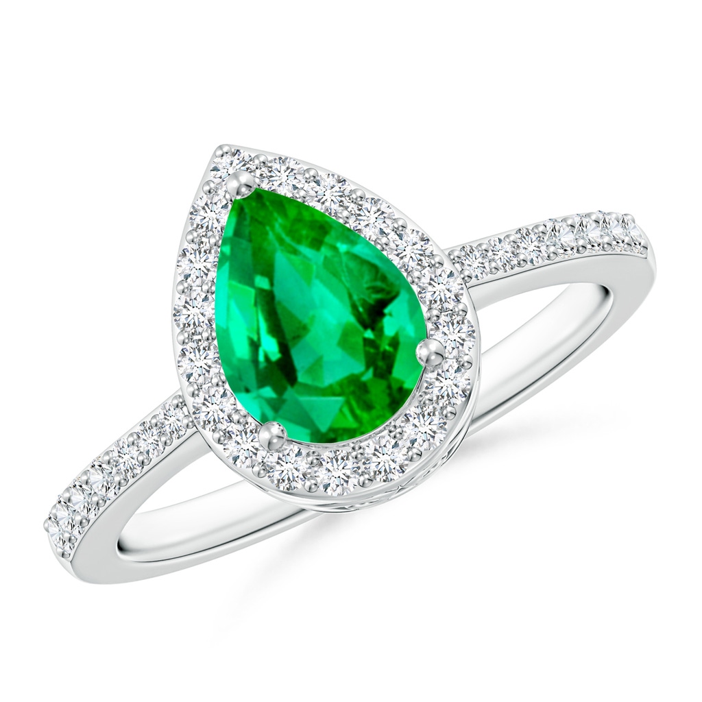 8x6mm AAA Pear Emerald Ring with Diamond Halo in White Gold
