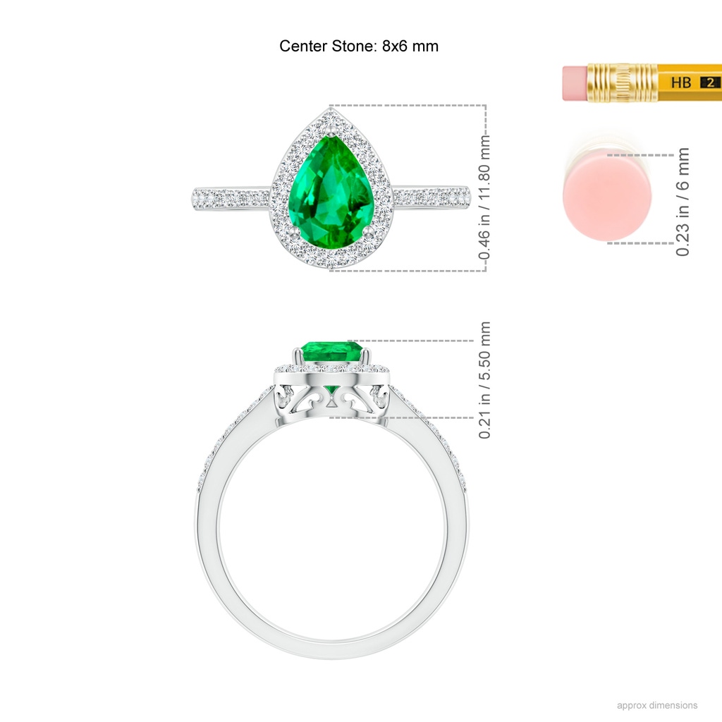 8x6mm AAA Pear Emerald Ring with Diamond Halo in White Gold ruler