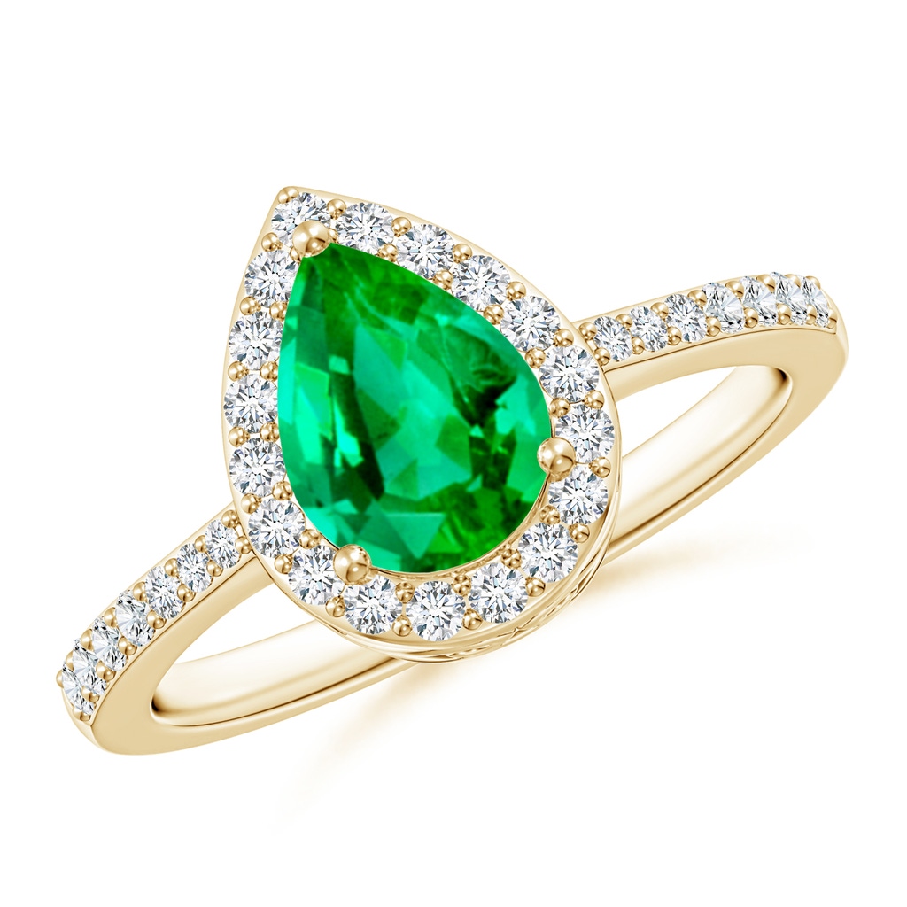 8x6mm AAA Pear Emerald Ring with Diamond Halo in Yellow Gold