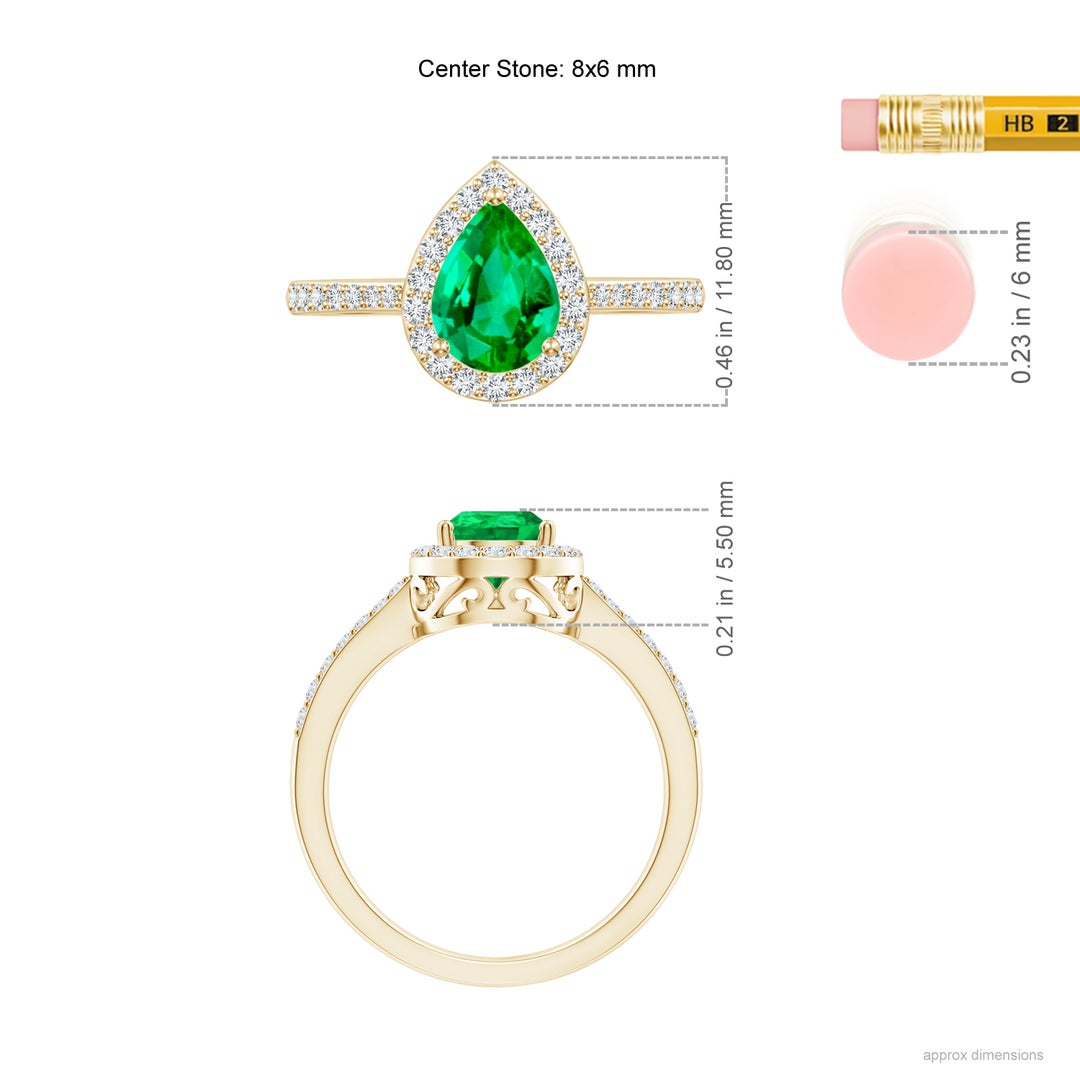 8x6mm AAA Pear Emerald Ring with Diamond Halo in Yellow Gold - ruler