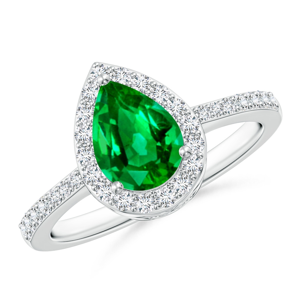 8x6mm AAAA Pear Emerald Ring with Diamond Halo in P950 Platinum