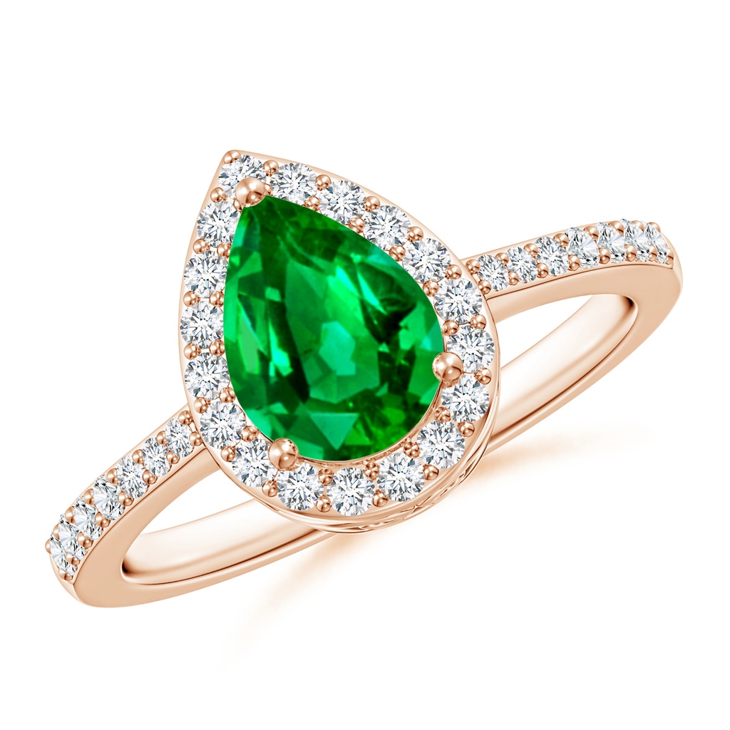 8x6mm AAAA Pear Emerald Ring with Diamond Halo in Rose Gold