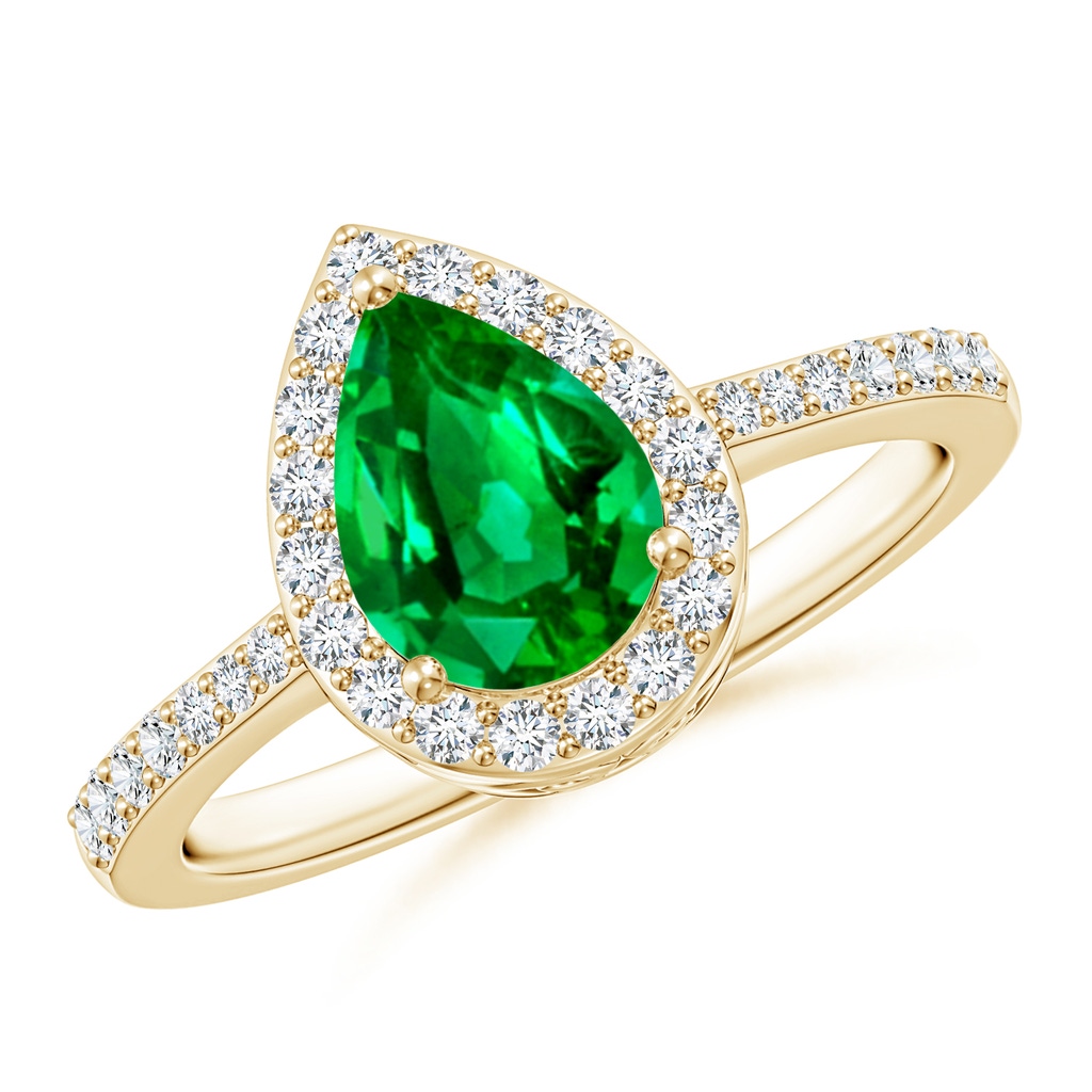 8x6mm AAAA Pear Emerald Ring with Diamond Halo in Yellow Gold
