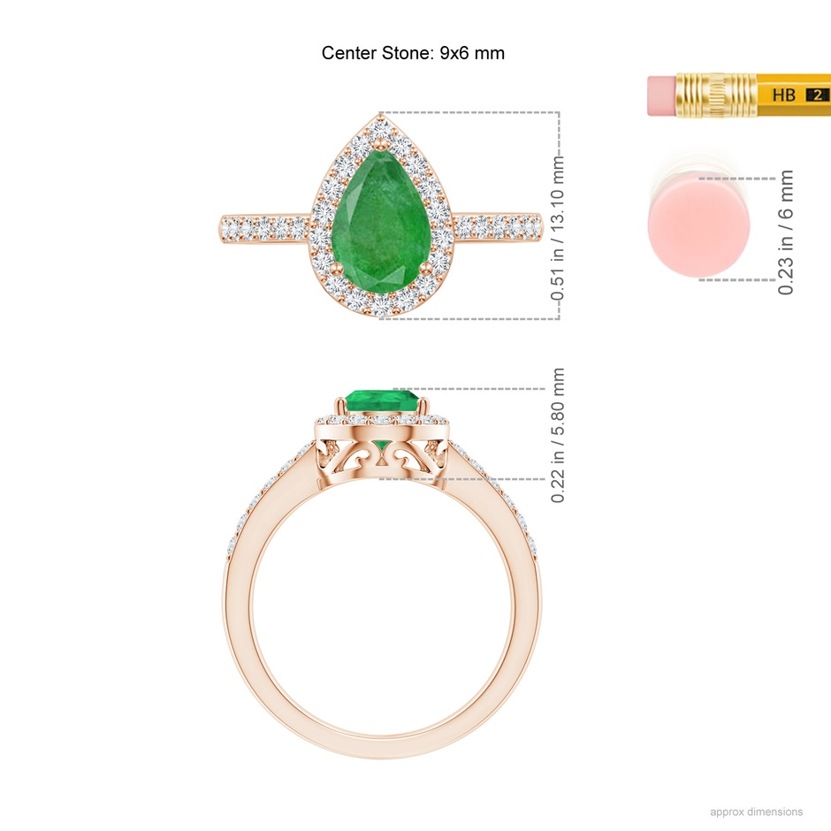 9x6mm A Pear Emerald Ring with Diamond Halo in Rose Gold ruler