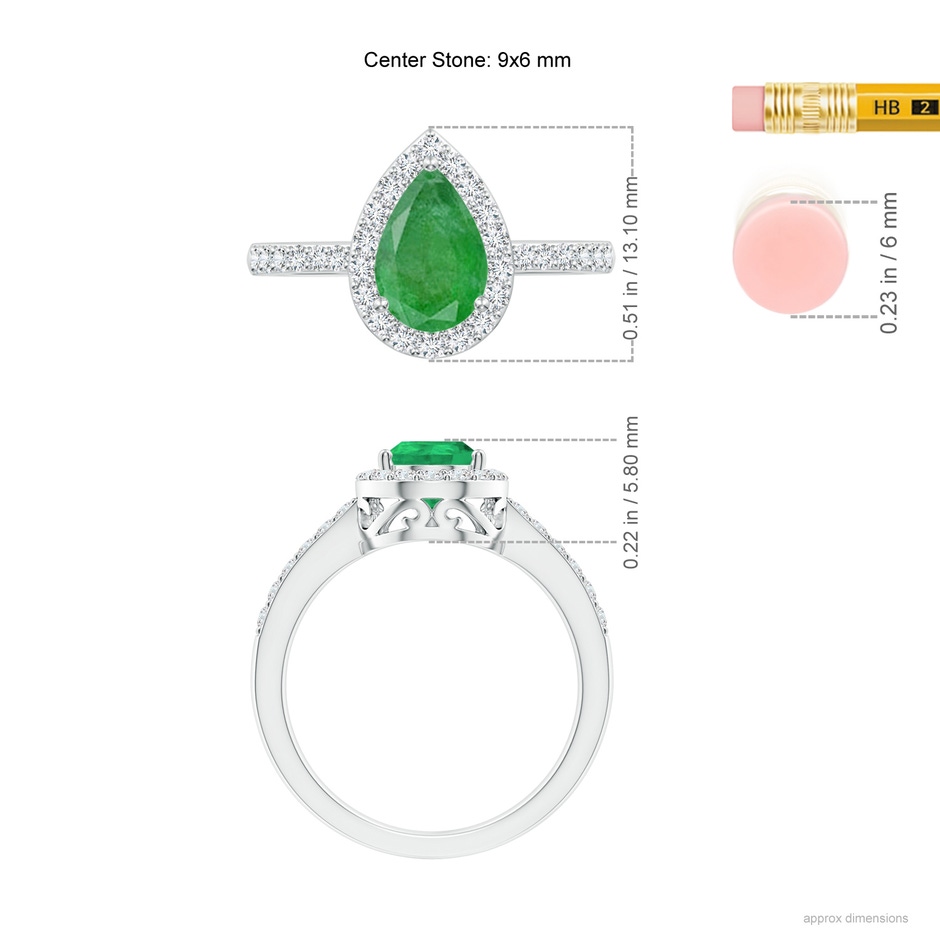 9x6mm A Pear Emerald Ring with Diamond Halo in White Gold ruler